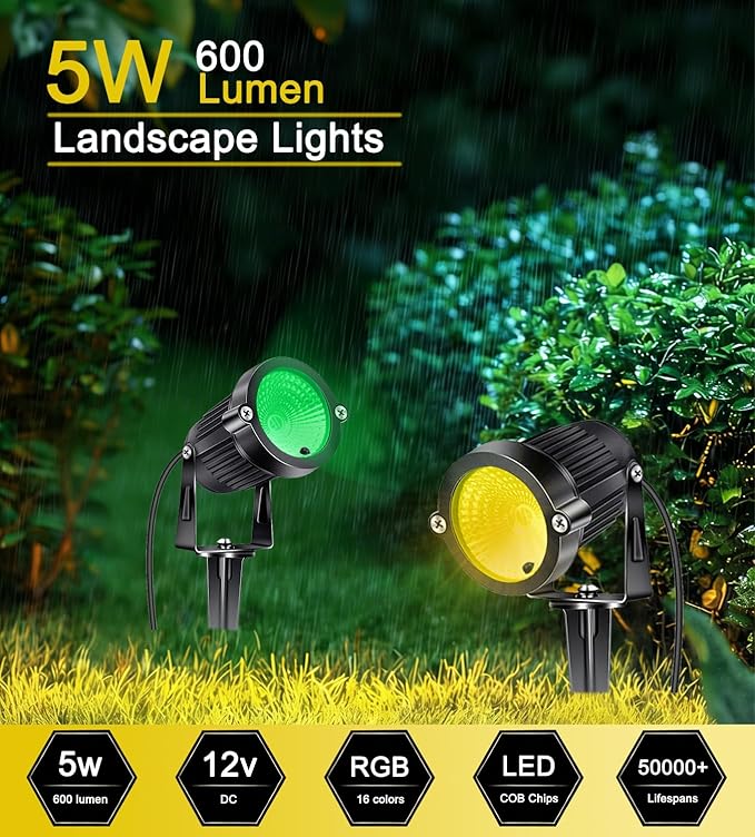 5W RGB Low Voltage Landscape Lights, LED Color Changing Landscape Lighting, IP66 Waterproof Outdoor Spotlight, 12V 24V Christmas Decorative Light for Yard Garden Path 4 Pack with Connector