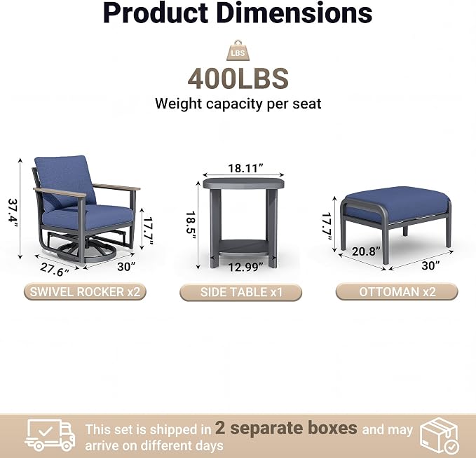 Aluminum Swivel Rocking Chairs with Ottomans, 5-Piece Outdoor Patio Furniture Set, Metal Gliders with Side Table, Wood-Like Armrests & 5.1" Thick Cushions for Porch, Navy Blue