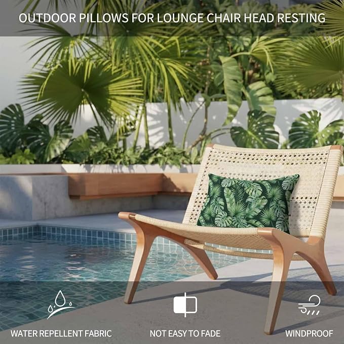 Tropical Botanical Outdoor Chaise Lounge Chair Head Pillow,Green Monstera Leaves Summer Waterproof Headrest Lumbar Throw Pillows Cover Case with Insert and Elastic Band for Pool Patio,11"x16" 1Pack