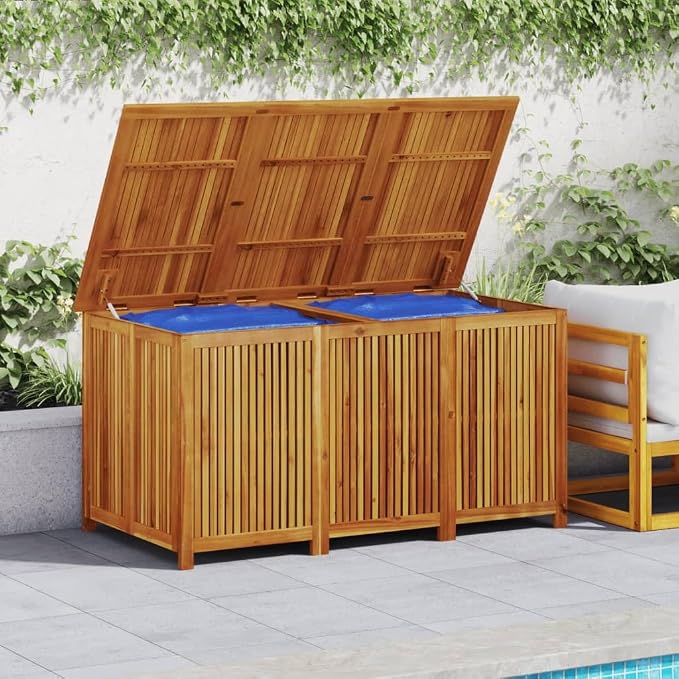 Solid Acacia Wood Outdoor Storage Box 150x80x75cm Garden Deck Box with PE Inner Bag for Patio Furniture Pool Toys Storage