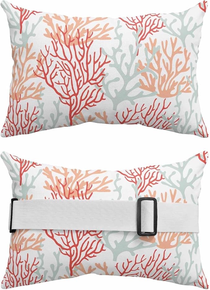Orange Sea Coral Outdoor Beach Chair Pillow Headrest for Chaise Lounge Chair, Recliner Head Pillow Waterproof Pillowcases with Elastic Band & Inserts 11x16(2 PCS) Ocean Summer Beach Red Grey White