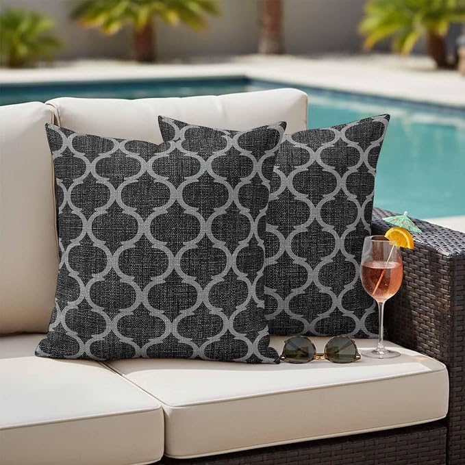 Black Morocco Outdoor Pillow Covers 26x26 Inch Throw Pillow Covers Set of 2 Waterproof Decorative Pillow Cases Boho Vintage Quatrefoil Geometric Plaid Cushion Covers for Patio Furniture Garden Couch