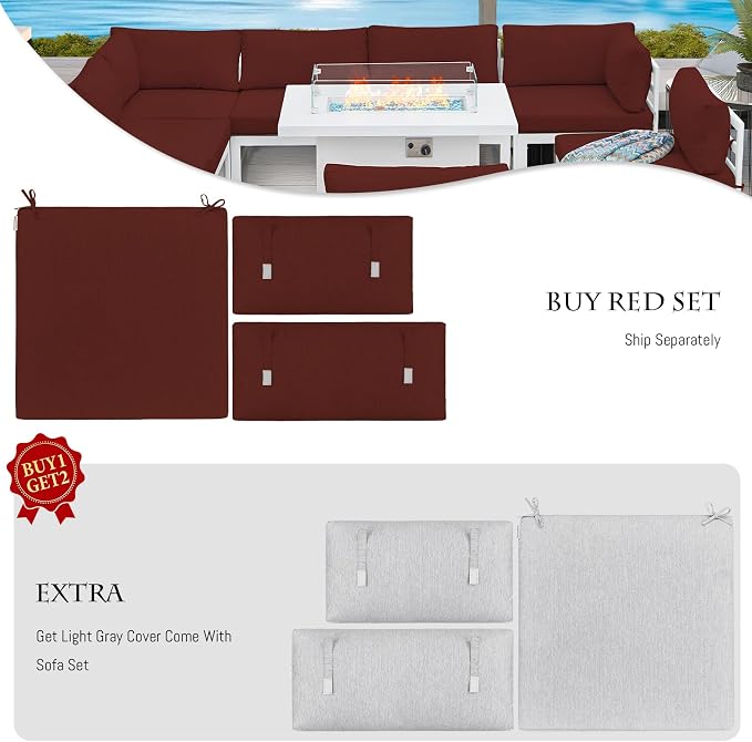 BULEXYARD 8 People Large Luxury Aluminum Patio Conversation Set with Fire Pit Table Propane/Gas, 29" Deep Wide U Shaped Sectional Couch, 500 lbs Heavy Duty All Weather Outdoor Sofa for Front Yard, Red