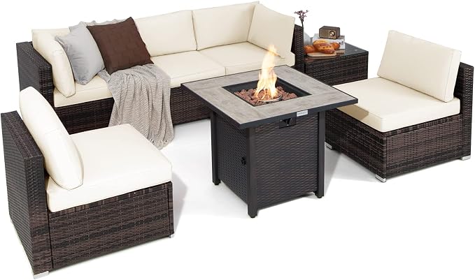 Tangkula 7 Piece Patio Furniture Set with Fire Pit Table, Patiojoy Outdoor PE Wicker Conversation Sectional Sofa Set with 30 Inches 50,000 BTU Propane Fire Pit Table, Waterproof PVC Cover (Off White)