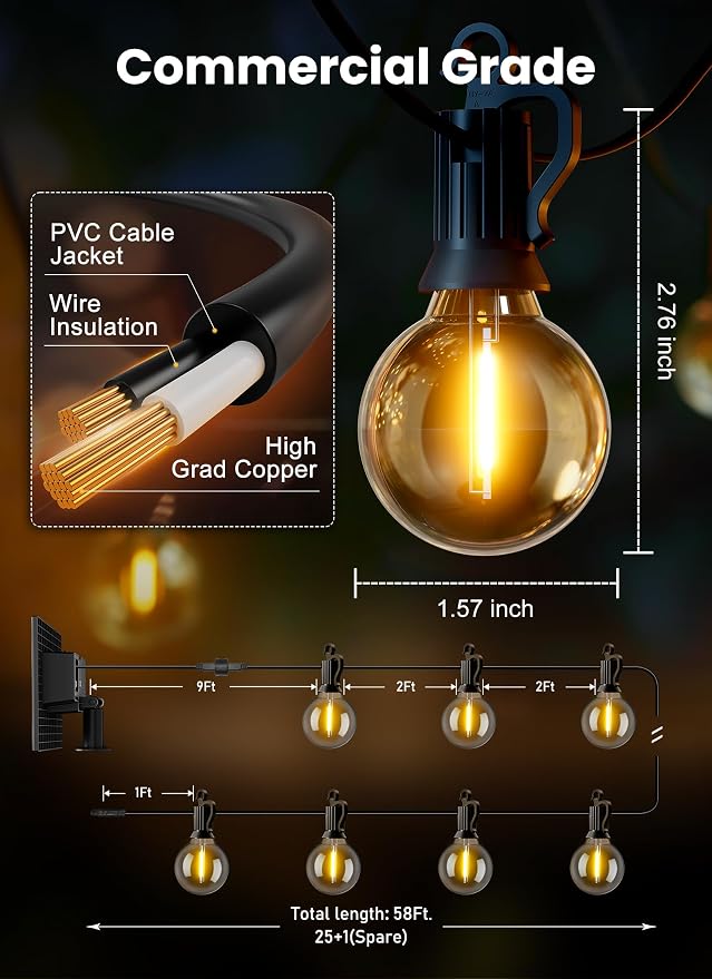Brightown 58FT 26LED Solar String Lights Outdoor with USB Port | Shatterproof Bulbs, Dimmable & Timable, 3 Modes, Solar Patio Lights with a Mount Clip for Camping Backyard Garden Decor