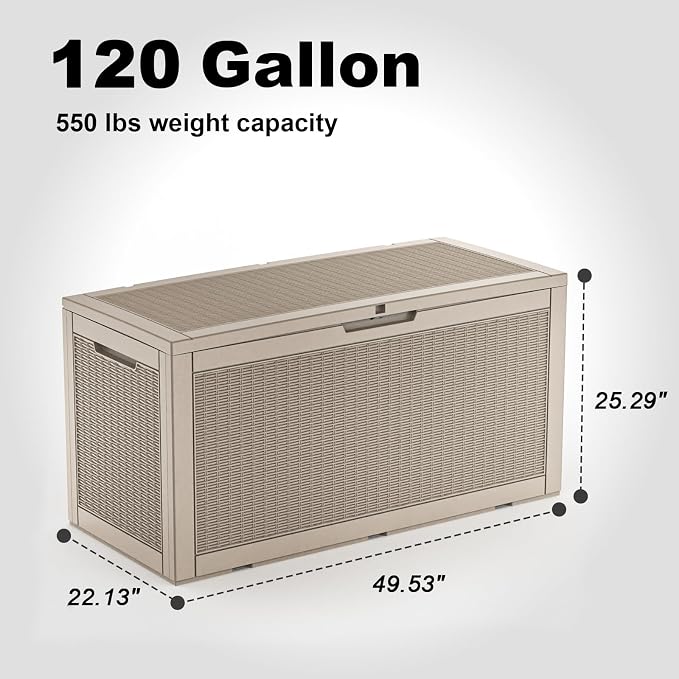 EasyUp 120 Gallon Deck Boxes Waterproof, Outdoor Large Storage Boxes with Lids, Outside Resin Storage Box & Deck Boxes for Patio, Garden Use（Gray）