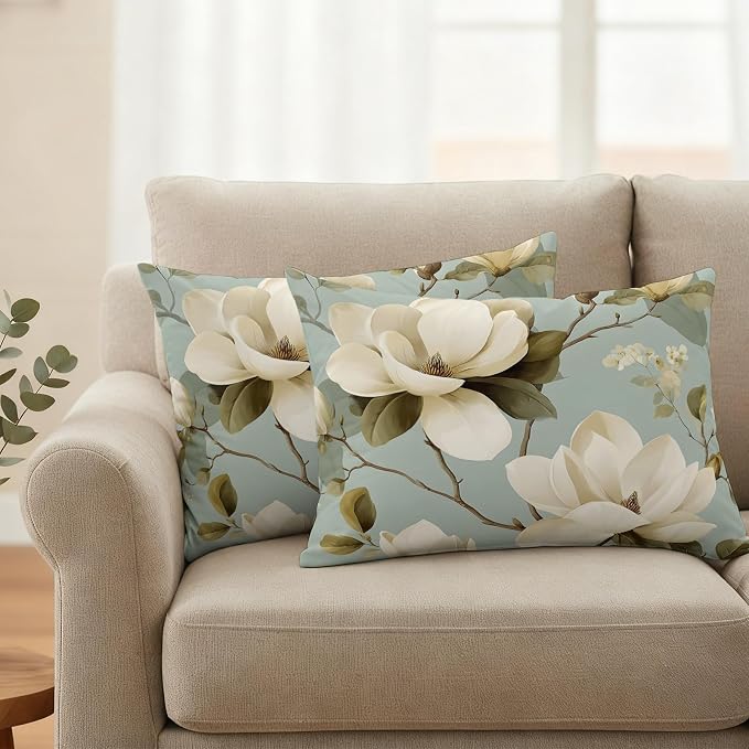 Vintage Floral Outdoor Pillow Covers 20"x12" Set of 2, Magnolia Flowers Branches Rustic Botanical Teal Waterproof Throw Pillow Covers for Patio Furniture, Decorative Cushion Covers for Porch