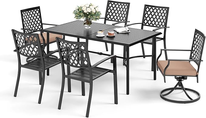 SUNSHINE VALLEY 7 Piece Patio Dining Set for 6, 67x38 Wood-Like Metal Table with Umbrella Hole and 6 Pcs Rust-Proof Stackable Chairs, Outdoor Table and Chairs Set for Backyard Garden Deck (Style 4)
