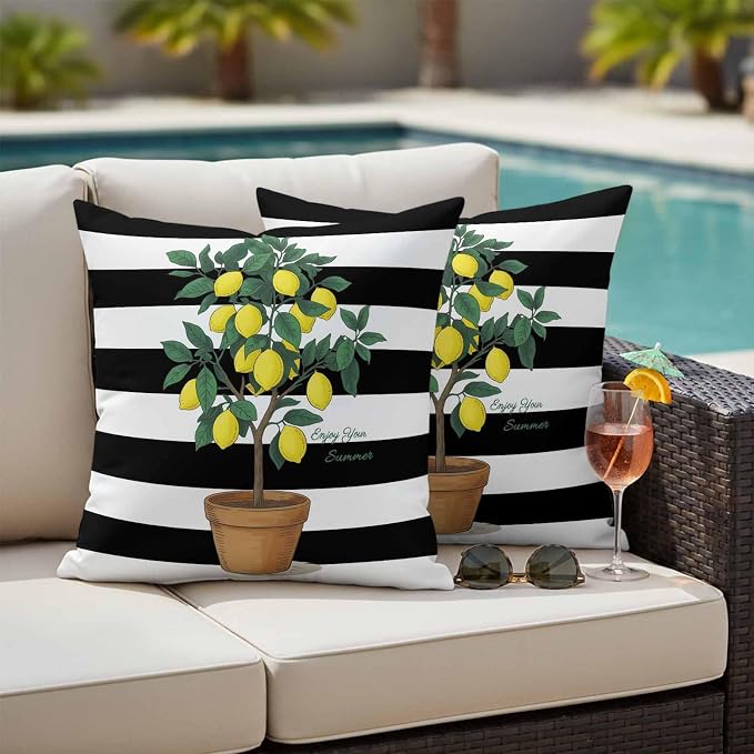 Outdoor Waterproof Throw Pillow Covers, Summer Lemon Decorative Pillow Cases, Black White Striped Potted Plant Couch Pillow Protector Patio Sofa Cushion Covers Replacement 18"x18" 2 Pack