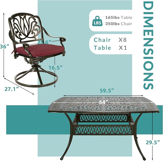 MEETWARM 9-Piece Outdoor Patio Dining Set for 8, All Weather Cast Aluminum Patio Funiture Table and Chairs Set- Large 64" Square Table and 8 Cushioned Swivel Rocker Chairs, 2.2" Umbrella Hole, Red