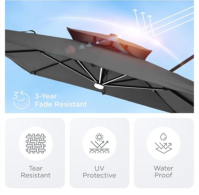 Deconk 9' X 12' Patio Umbrella with LED Lights Outdoor Cantilever Large Rectangle Offset Umbrellas Heavy Duty Aluminum Double Top with 360-degree Rotation for Pool Garden Deck, Grey