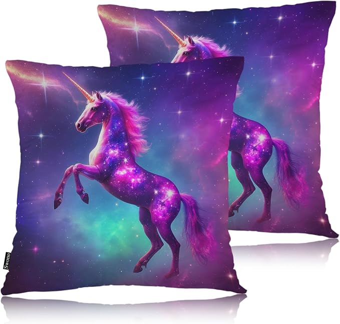 Swono Galaxy Unicorn 2Pcs Throw Pillow Covers for Men Women, Magical Unicorn Universe Galaxy Bedding Throw Pillowcase 18 X 18 Inch, Pillow Cushion Cover for Couch Sofa Bed Home