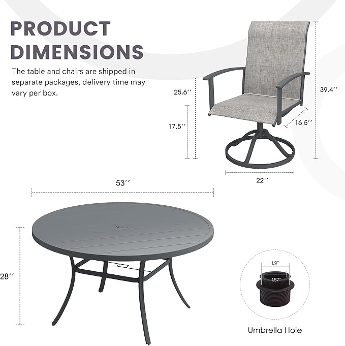 7 Pieces Outdoor Patio Dining Table Set, 53" All Weather Round Metal Table with Umbrella Hole and 6 High Back Textilene Swivel Chairs for Garden, Lawn, Poolside, Grey