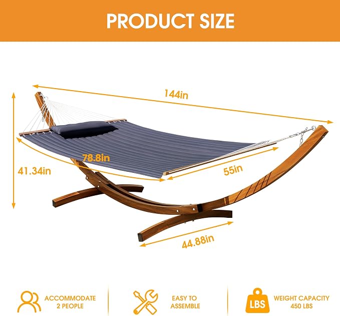 Lazy Daze Hammocks 12 FT 2 Person Double Quilted Hammock with Curved Steel Heavy Duty Stand and Pillow for Outside, Backyard, Patio, 450 Lbs Capacity, Dark Grey