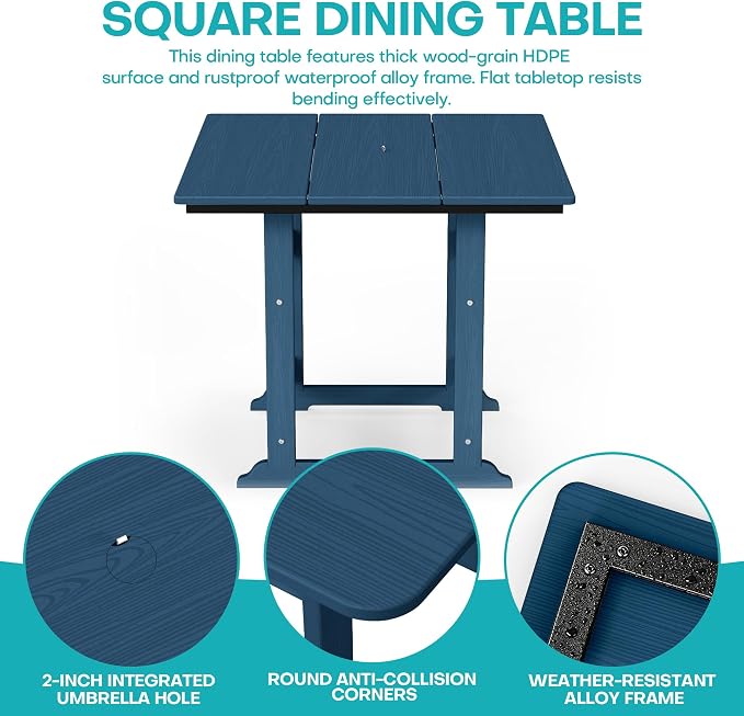 5 Piece Patio Dining Set, HDPE All-Weather Furniture with 4 Chairs & 1 Square Table, for Backyard, Garden, Navy Blue
