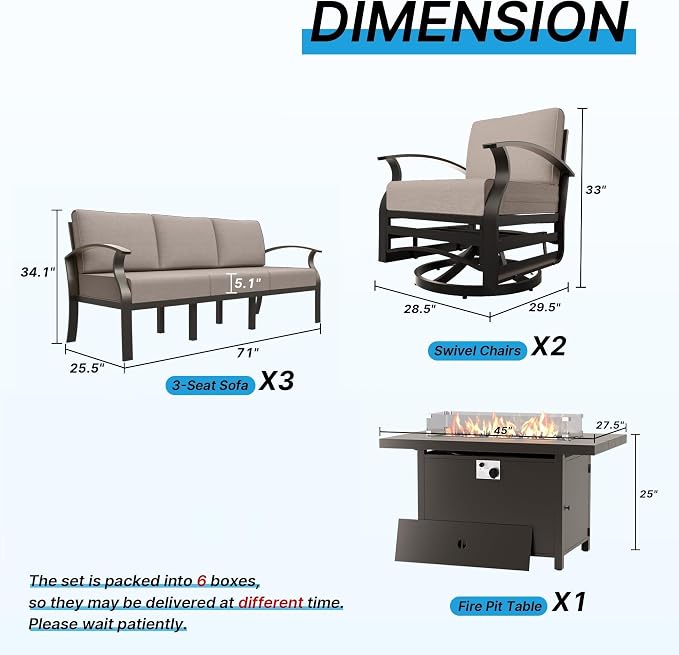 Gotland Outdoor Aluminum Patio Furniture Set with Fire Pit Table, 7 Pieces Metal Patio Furniture with 2 Swivel Rocking Chairs 11 Seats Waterproof 5.1'' Seat Cushions, for Garden Balcony Porch Khaki