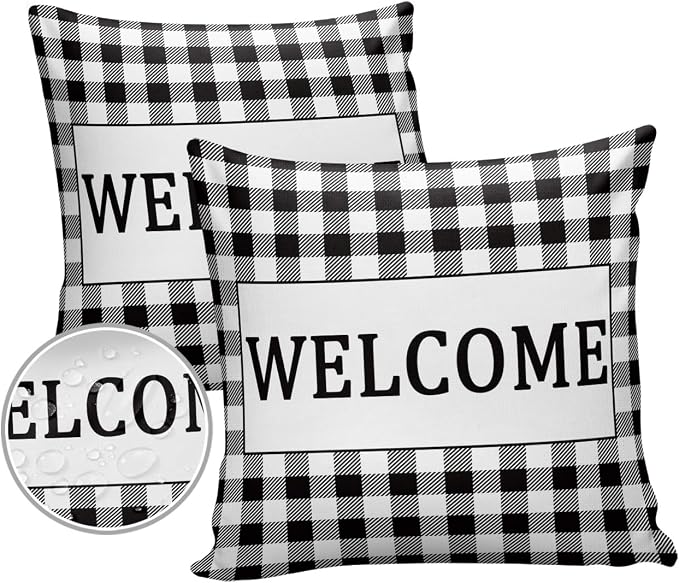 Outdoor Waterproof Pillow Covers for Patio Furniture Black Buffalo Check Plaid Decorative Throw Pillow Cover Welcome Pillowcases Set of 2 Cushion Case for Sofa Couch Chair Home Decor 20x20 inch