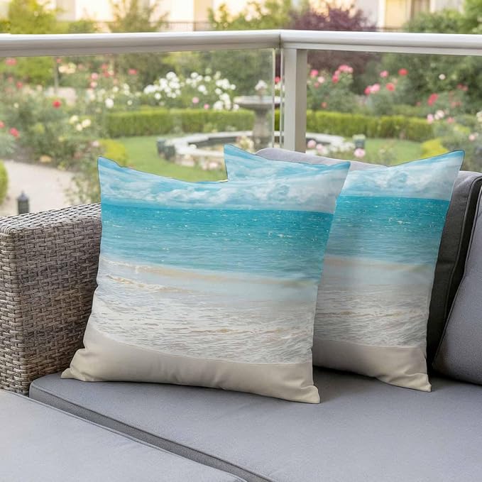 Yukro Coastal Ocean Outdoor Waterproof Pillow Covers Pack of 2, Ocean Waves Beach Sea Shore Throw Pillowcases Decorative Cushion Covers for Garden Patio Tent Sofa Couch, 26x26 inch