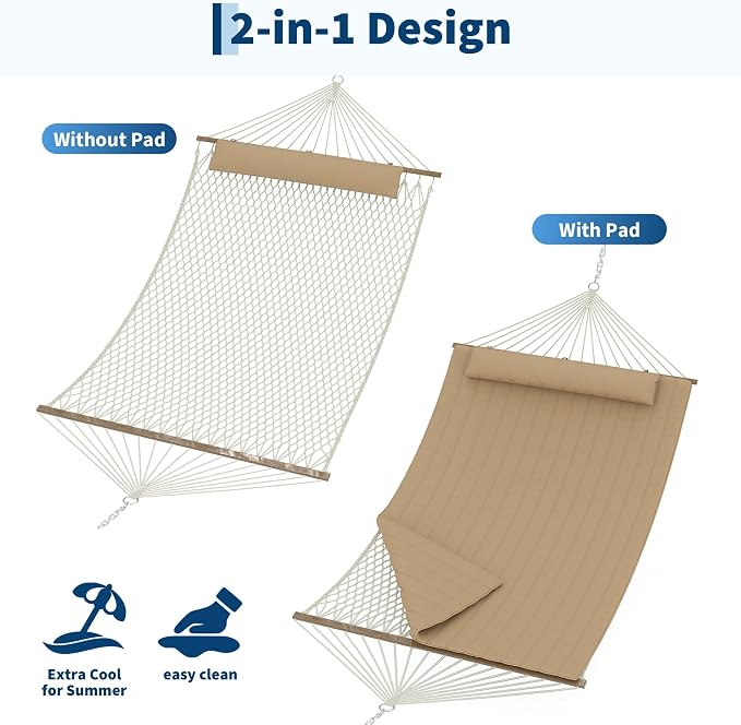 Takywep 2 Person Hammock with Polyester-Cotton Pad, 12FT Double Hammock with Wooden Spreader Bar, Removable Pillow, 450LBS Capacity, 2-in-1 Outdoor Hammock for Patio, Garden, Beach (No Stand)