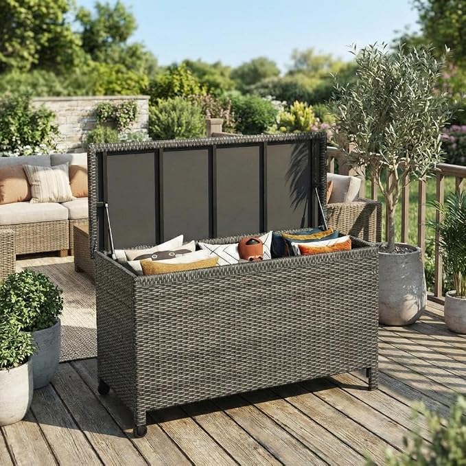 GarveeLife Medium Outdoor Wicker Storage Box, PE Rattan Patio Storage Chest with Steel Frame, Compact Deck Storage Box for Cushions, Toys & Outdoor Essentials – Brown Wicker