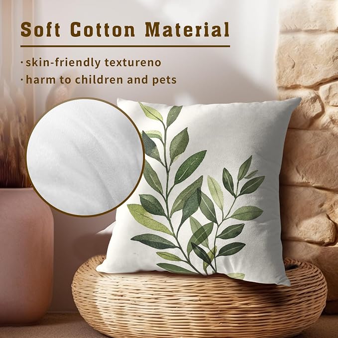Sage Green Leaf Pillow Covers 22x22 Inch, Set of 2 Rustic Spring Summer Plants Leaves Cotton Square Pillowcases for Sofa Couch Bedroom Living Room Car Indoor Outdoor Home Decor