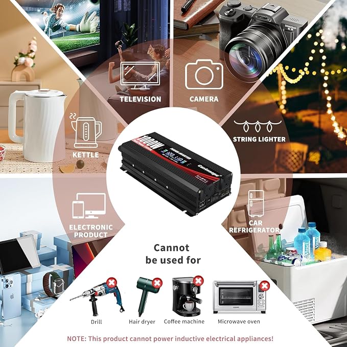 Cantonape 1000 Watt Power Inverter DC 12V to 110V/120V AC Car Inverter with LCD Display, 2 AC Outlets, 3.0A USB and 20W Type-C Car Charger for Vehicles Home Laptop Truck Black