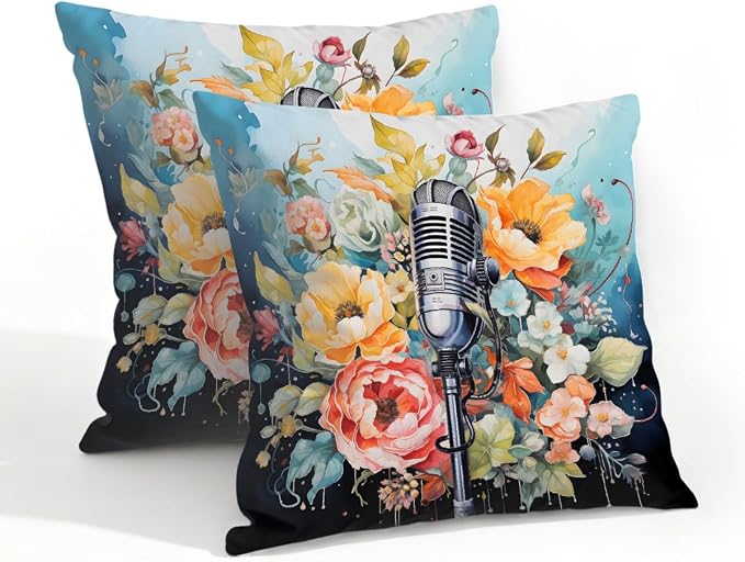 20x20 Inch Outdoor Pillow Covers Set of 2 Waterproof Throw Pillow Covers Decorative Couch Cushion Covers Microphone Floral Square Pillowcases Protectors for Patio Garden Sofa