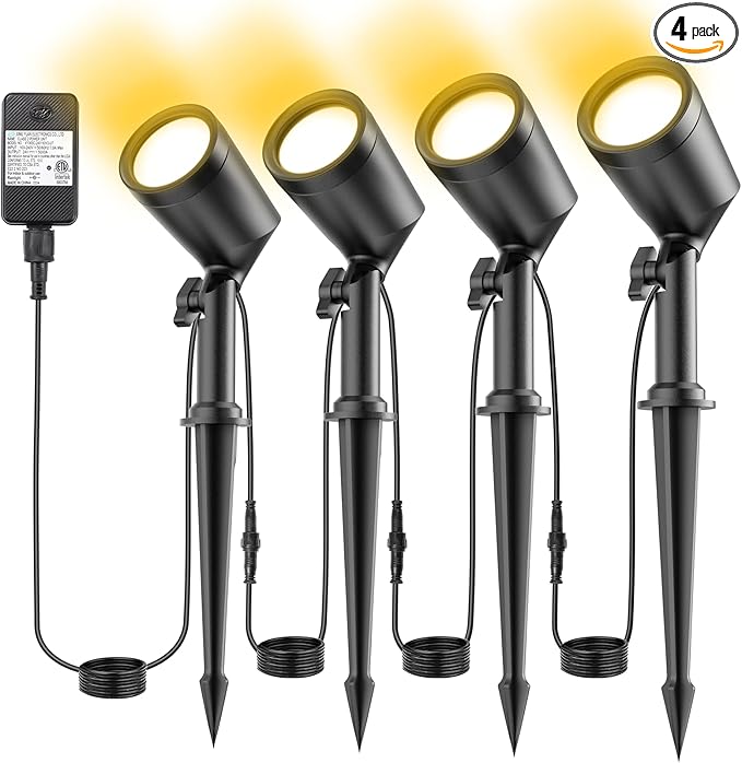 deerdance LED Outdoor Landscape Lighting Low Voltage Landscape Pathway Lights Aluminum Wired Waterproof Outdoor Spotlights Uplight Transformer for Yard House Garden 24W 2400lm (Warm White, 4)