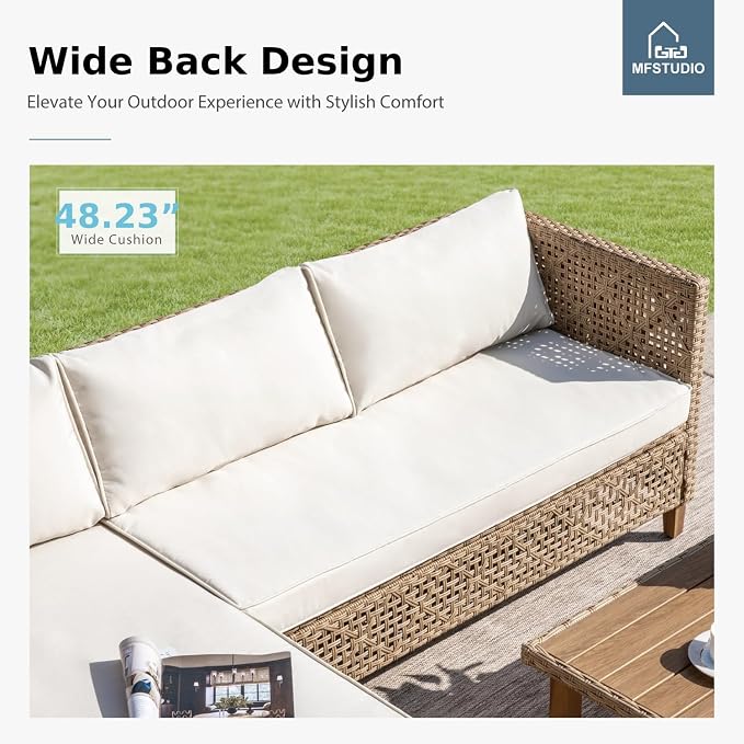 MFSTUDIO L Shaped Outdoor Couch Set, Wicker Patio Furniture Set, Rattan Outdoor Sectional Sofa with Acacia Wood Coffee Table, 3 Pieces Small Patio Conversation Set for Backyard, Beige
