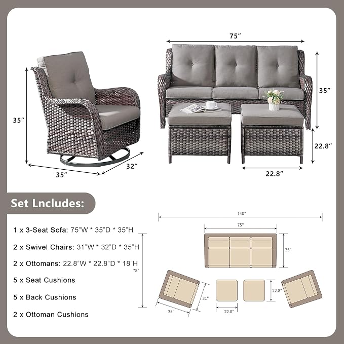 Rilyson 5 Piece Outdoor Patio Furniture Set - Rattan Wicker Patio Conversation Sets with 2 Swivel Rocker Chairs,2 Ottomans and 1 Sofa for Outside Porch Deck Backyard(Mixed Grey/Grey)