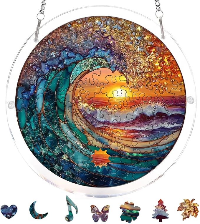 Acrylic Puzzle Suncatcher, Ocean and Sun Stained Glass Window Hanging, Sun Catcher Puzzle Kit Home Garden Decor, Creative Mothers Day and Birthdays Gifts for Mom, Wife, Sisters, 7.87 inch