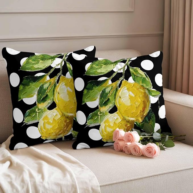 Waterproof Pillow Covers Set of 2,Farmhouse Yellow Lemon Green Leaf Outdoor Pillow Protectors with Zipper Pillowcases for Patio Tent Garden Beach 18x18 Inches Black White Polka Dot