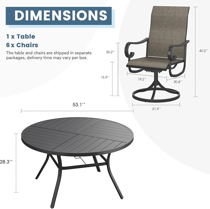 DIFY 7 Piece Outdoor Dining Set for 6, 53.1" Black Round Metal Dining Table with Umbrella Hole and Swivel Patio Chairs with Brown Textilene Fabric, Patio Table and Chairs Set for Garden Backyard Deck