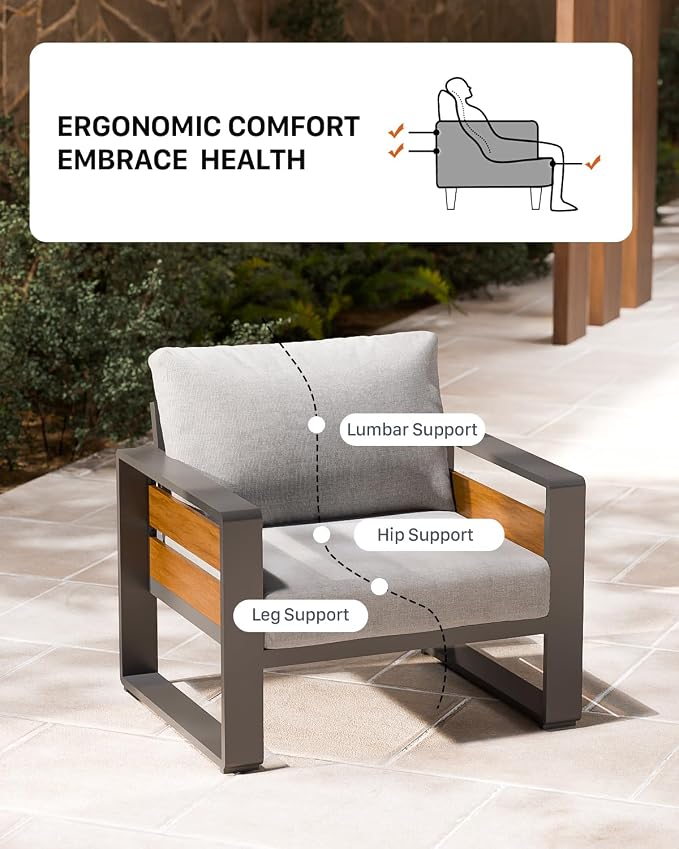 ZANDOR Aluminum Outdoor Patio Furniture Set with Coffee Table, 5 Seats Patio Conversation Sets with Washable Thick Cushions, Outdoor Sectional for Porch, Backyard, Deck, Garden & Poolside, Grey