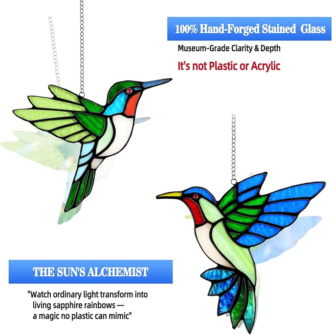 2 Packs Hummingbird Stained Glass Window Hanging Suncatchers - 6 Inch Handmade Real Glass with Copper Foil Edges, Bird Safe Gifts for Women Mom Grandma Bird Lovers(Suction Hooks Included)