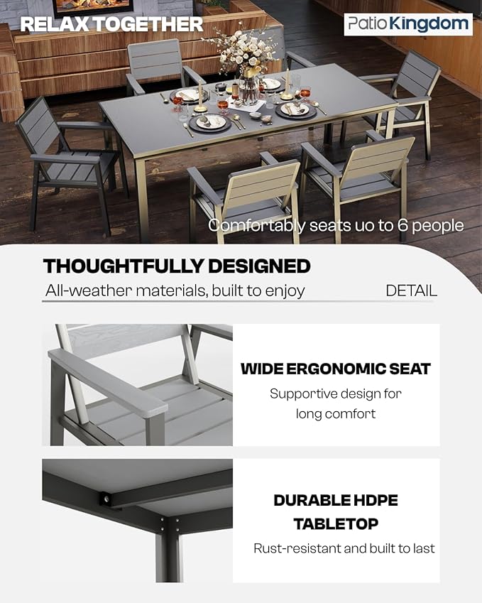 Outdoor Dining Set for 6, Patio Table and Chairs Set with Umbrella Hole, Aluminum & HDPE Outdoor Furniture for Lawn, Garden, Porch, Balcony, Deck, Poolside, Grey