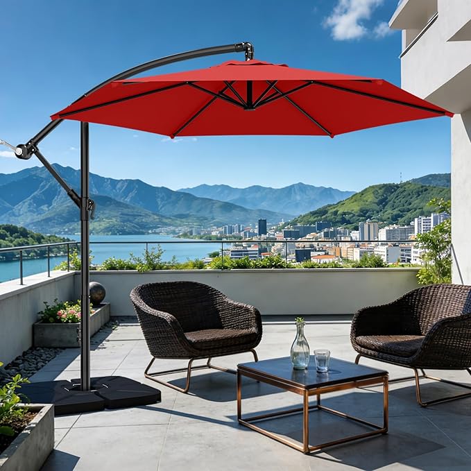 AreShark 10FT Patio Outdoor Umbrella, Offset Patio Umbrella Cantilever Umbrella, 6 Sturdy Ribs, Easy Adjustment for Garden Market Pool with Cross Base (Red)