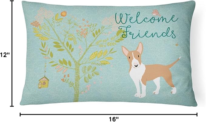 Caroline's Treasures BB7605PW1216 Welcome Friends Brown Bull Terrier Canvas Fabric Decorative Pillow Machine Washable, Indoor Outdoor Decorative Pillow for Couch, Bed or Patio, 12HX16W