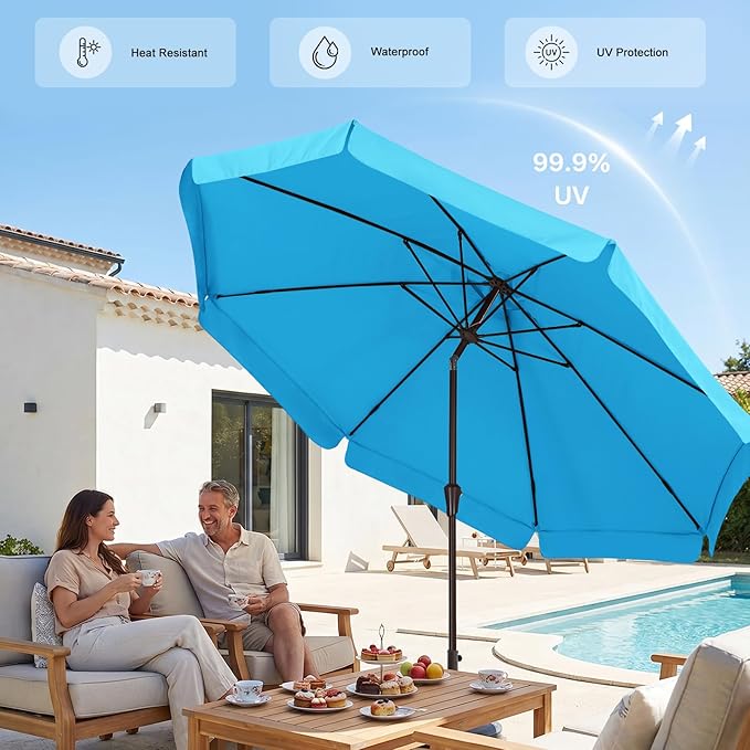ABCCANOPY 10ft Scalloped Patio Umbrella, Outdoor Table Umbrella with Tilt and Crank, Fiberglass Ribs Deck Umbrella for Patio, Pool, Garden, Picnic (Turquoise)