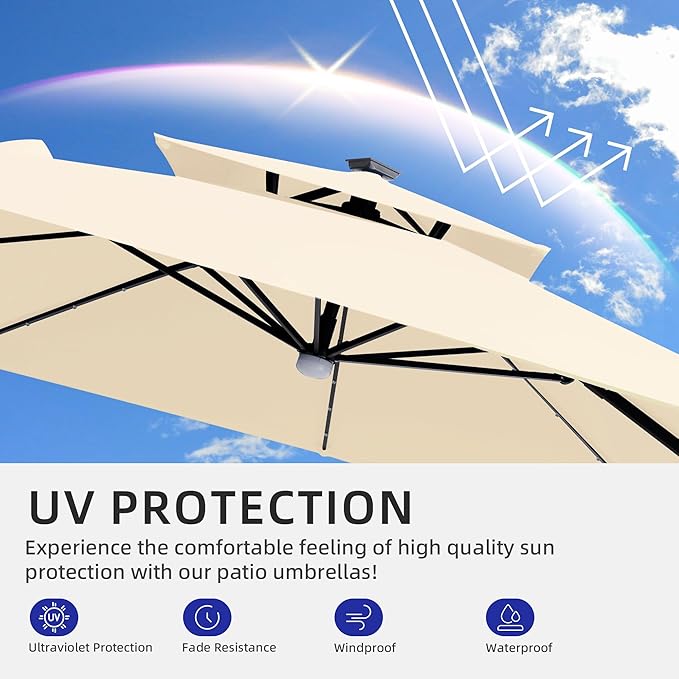 JZAC & QZYD 9x9 FT Outdoor Cantilever Patio Umbrella with Solar LED Lights, Large Heavy Duty 2-Tier Canopy Square Aluminum Offset Umbrellas with 360-Degree Rotation for Pool Deck Backyard, Beige