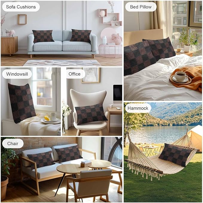 Black Brown Checkered Outdoor Pillow Covers 20x12 Inch Lumbar Pillow Covers Set of 2 Waterproof Decorative Throw Pillow Cases Modern Farmhouse Plaid Wooden Cushion Covers for Patio Furniture Garden