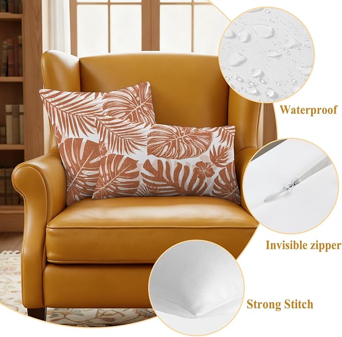 Burnt Orange Palm Leaves Outdoor Pillow Covers 18"x18" Set of 2, Tropical Botanical Minimalist Modern Waterproof Throw Pillow Covers for Patio Furniture, Decorative Cushion Covers for Porch