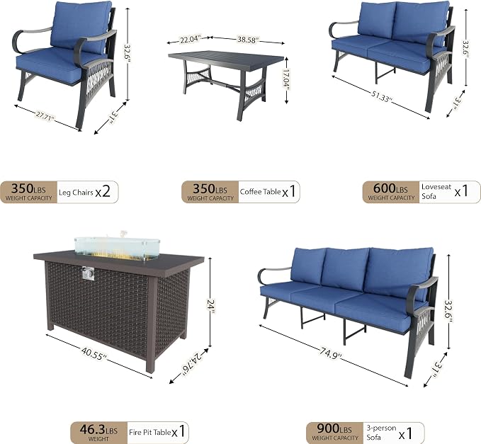 6 Pieces Patio Furniture Set, Metal Outdoor Conversation Sets with Fire Pit Table for Backyard Garden Deck Porch Poolside (Thick Blue Cushions)