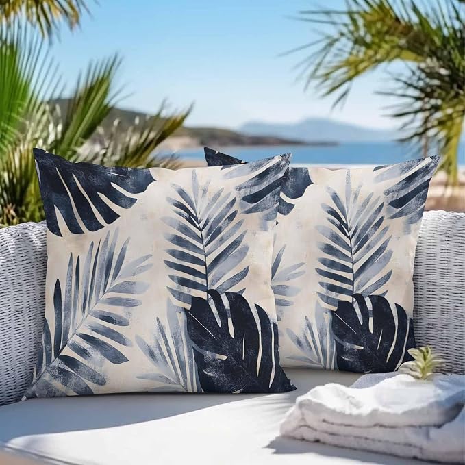 Pack of 2 Waterproof Outdoor Pillow Covers 26x26 Inch Decorative Pillow Covers Navy Blue Palm Leaves Throw Pillowcases Tropical Botanical Retro Outdoor Cushion Cover for Couch, Patio, Tent