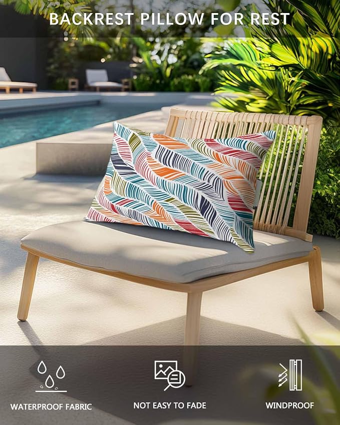 Abstract Stripes Outdoor Pillows with Insert 11x16 Inch Red Orange Blue Gradient Wavy Lines Leaf Waterproof Headrest Pillows with Adjustable Strap Lounger Chair Throw for Patio Furnitures , 2 Pack