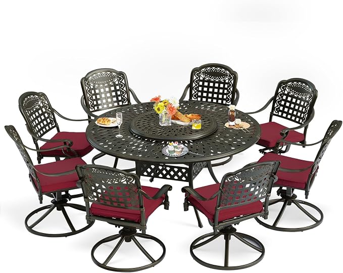 9-Piece Patio Furniture Dining Set, Cast Aluminum Outdoor Conversation Set- 61" Round Patio Dining Table with Detachable Lazy Susan & 8 Cushioned Swivel Rocker, Umbrella Hole, Chili Red