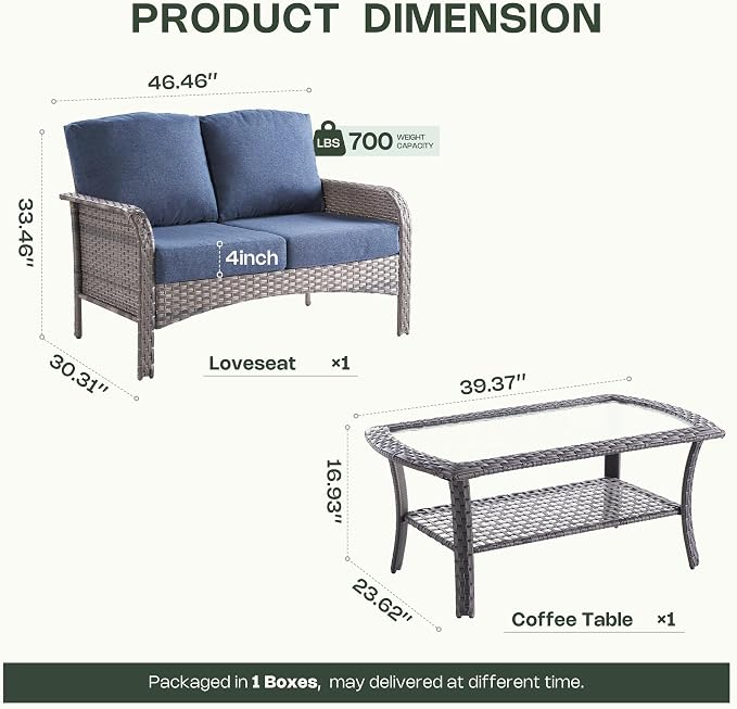2-Piece Patio Furniture Set, Outdoor Wicker Furniture with Coffee Table, All Weather High Back Loveseat Patio Chairs, Modern Rattan Outdoor Chairs Conversation Set for Porch, Garden,Denim Blue