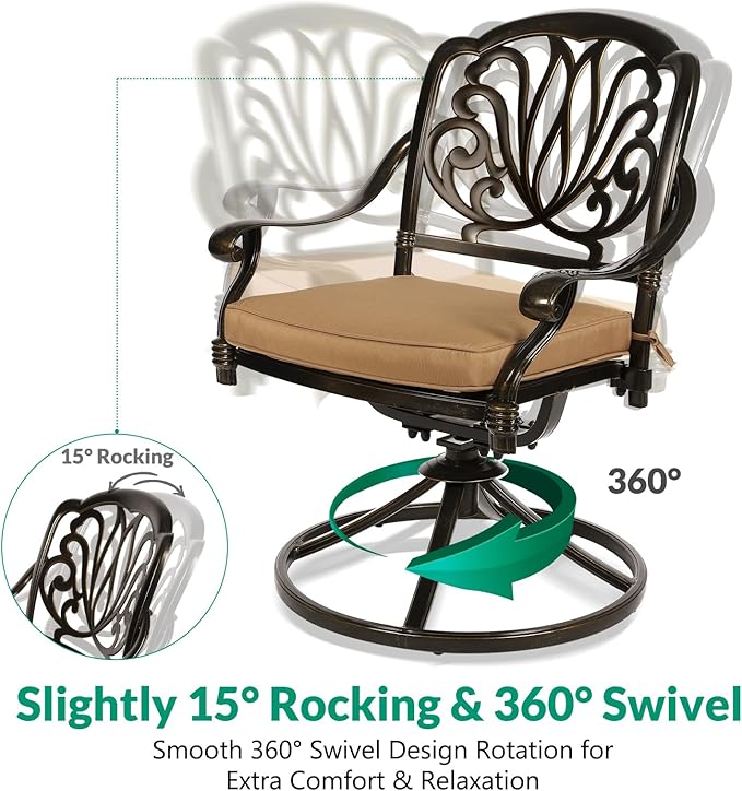 VIVIJASON 5-Piece Outdoor Patio Dining Set, All-Weather Cast Aluminum Conversation Set, Patio Furniture Set for Balcony Lawn Garden, Include 4 Swivel Dining Chairs, a 35.4" Round Table w/Umbrella Hole