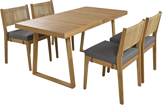 Modern 5 Pieces Patio Dining Table Set, Acacia Wood Dining Table and 4 Chairs,Outdoor Indoor Furniture Set for Garden, Backyard, Balcony (Gray)