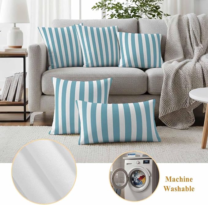 Aqua Striped Outdoor Waterproof Throw Pillow Covers 24x24 Set of 2, Modern Farmhouse Blue White Stripes Decorative Pillowcases Cushion Pillowcase for Couch Sofa Patio Outside Pillow Protector